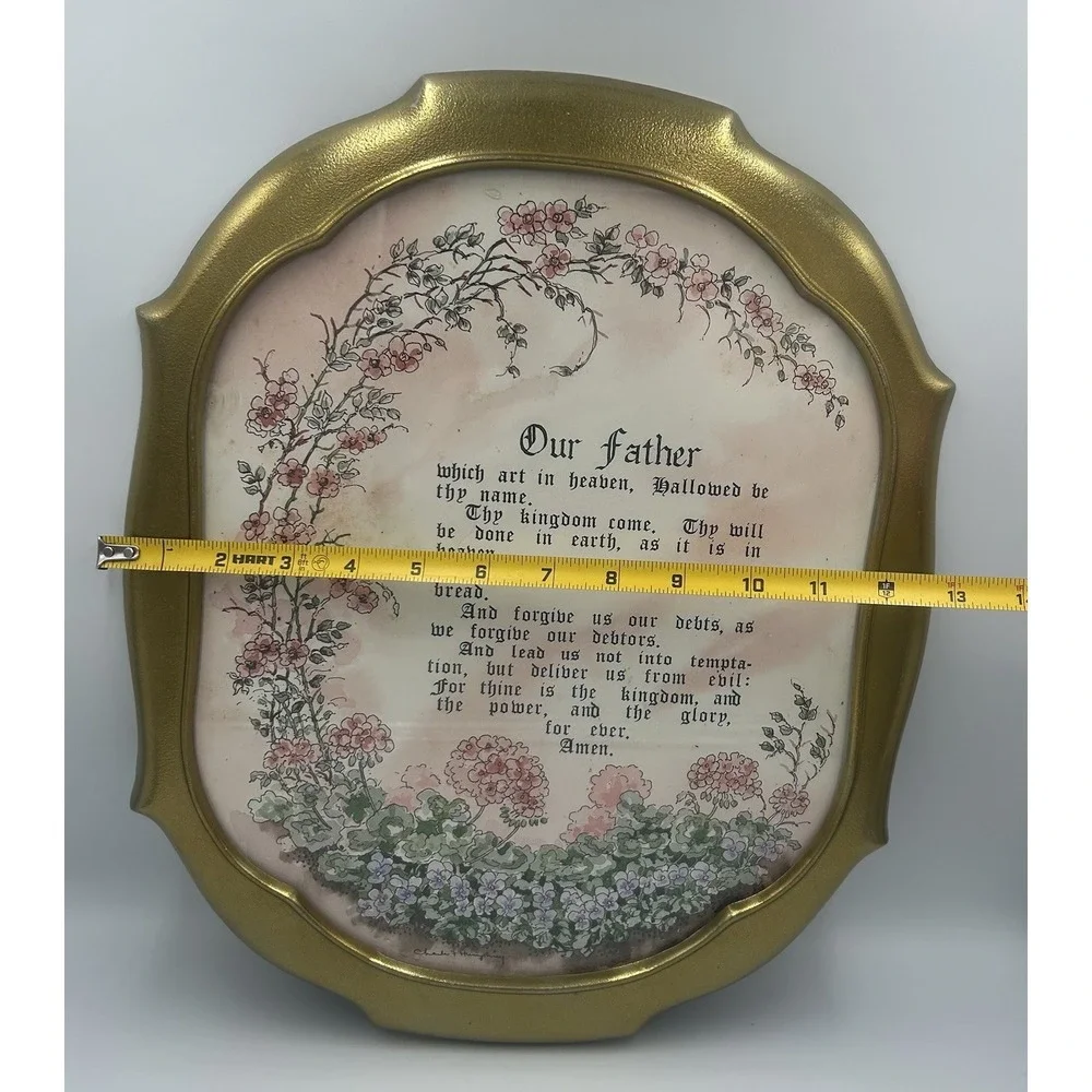 The Lord's Prayer Framed Picture Gold Tone Metal Frame Religious Christian Art